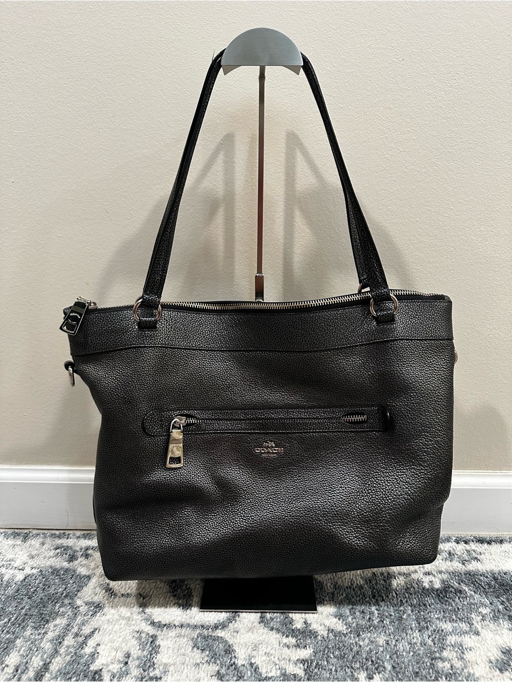 Coach Tyler Metallic Gunmetal Leather Tote Bag F56140 Shimmer Gray Silver GUC